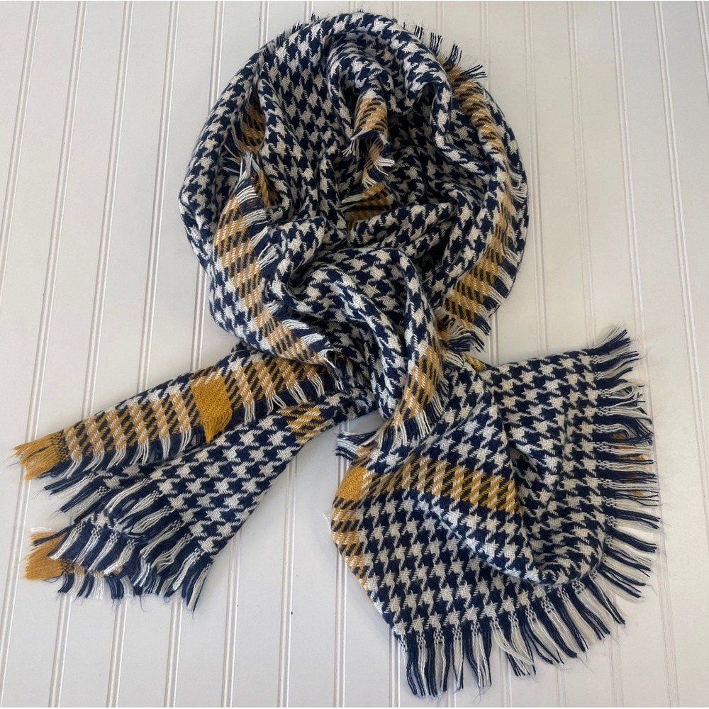 Navy Blue Michigan Houndstooth Scarf Mustard Yellow Stripe Fringed Wrap Scarf